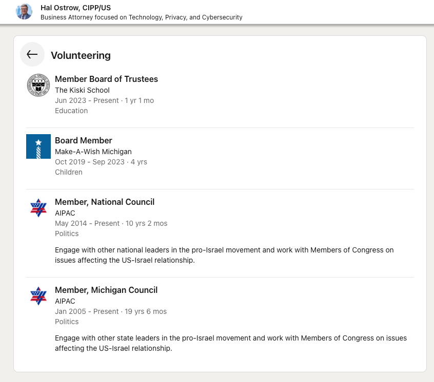 AIPAC Lobbyist and Member of the AIPAC Michigan Council Hal Ostrow