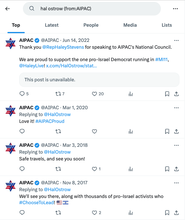 AIPAC Lobbyist Hal Ostrow tweets on AIPAC posts