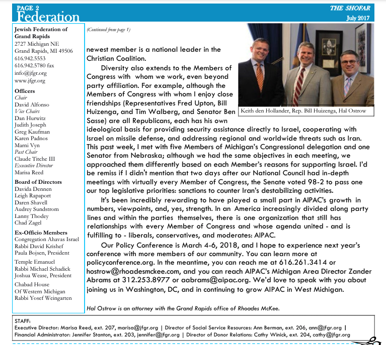 Newsletter showing AIPAC Lobbyist Hal Ostrow with Michigan Rep Bill Huizenga
