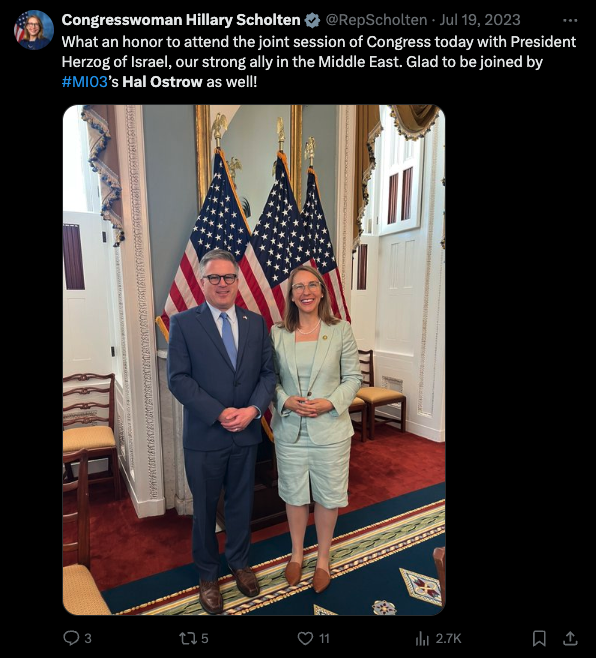 Michigan Rep for MI-03 Hillary Scholten with AIPAC Handler Hal Ostrow