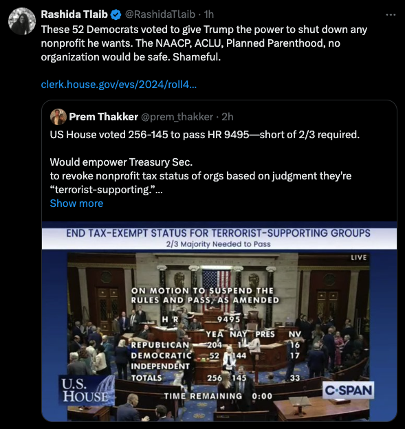 Rashida Tlaib tweet about 52 Dems voting inline with Republicans on HR 9495
